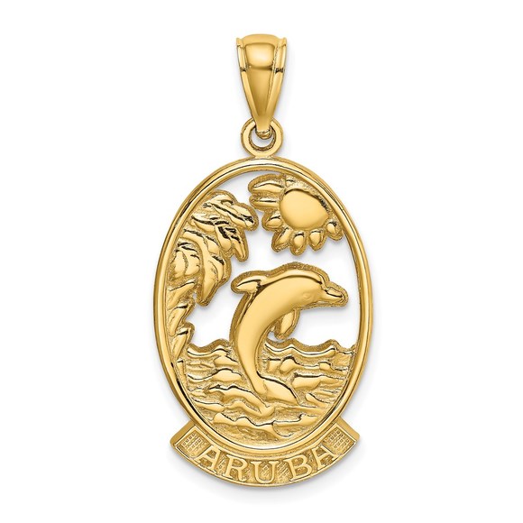 14k Yellow Gold Travel ARUBA with Dolphin Sunset In Frame Necklace Charm Pendant - Picture 1 of 4
